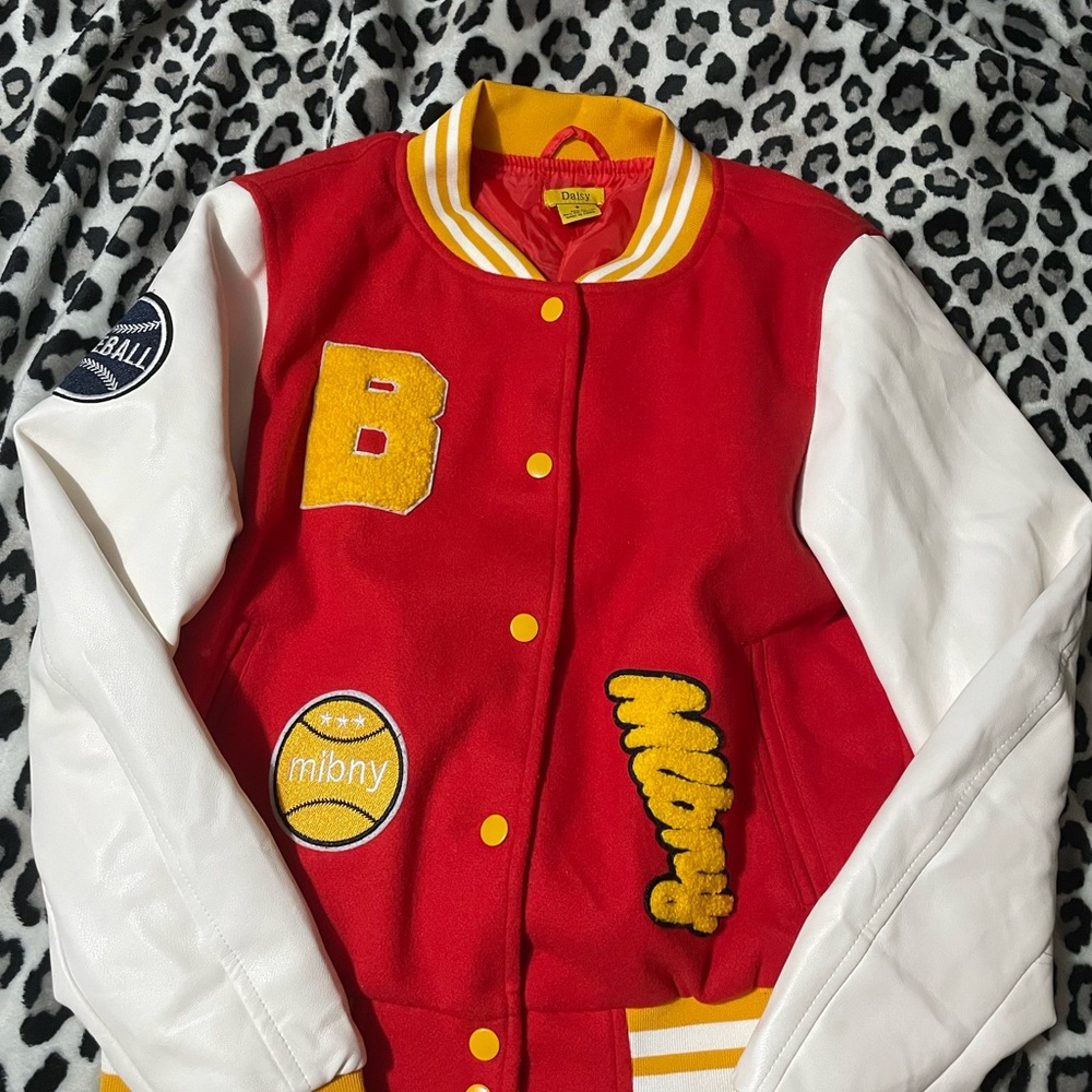 Daisy Red & White Varsity Jacket with Yellow Accents